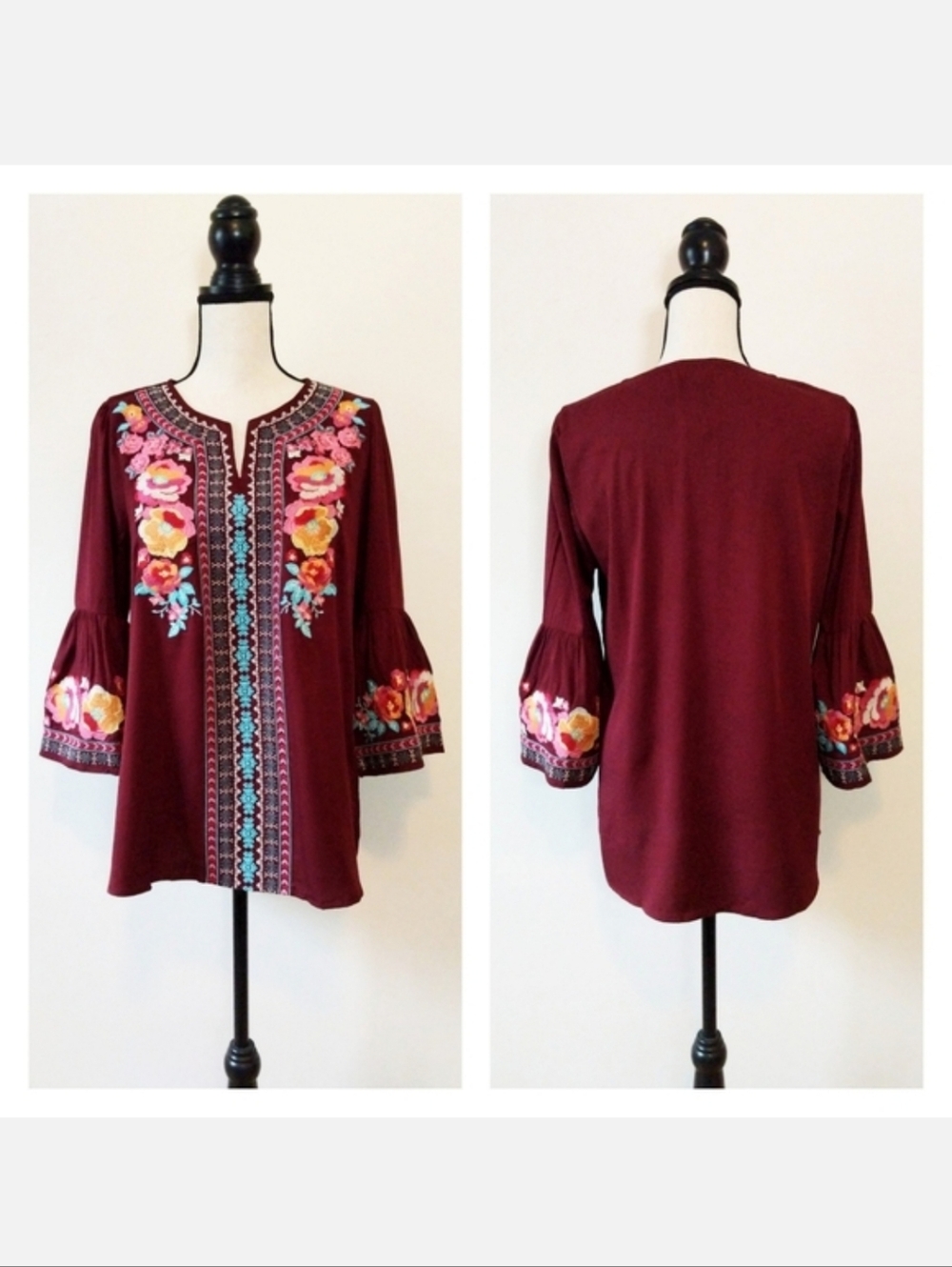 NWT Andrée Wine Embroidered Top, Size Small 🌼